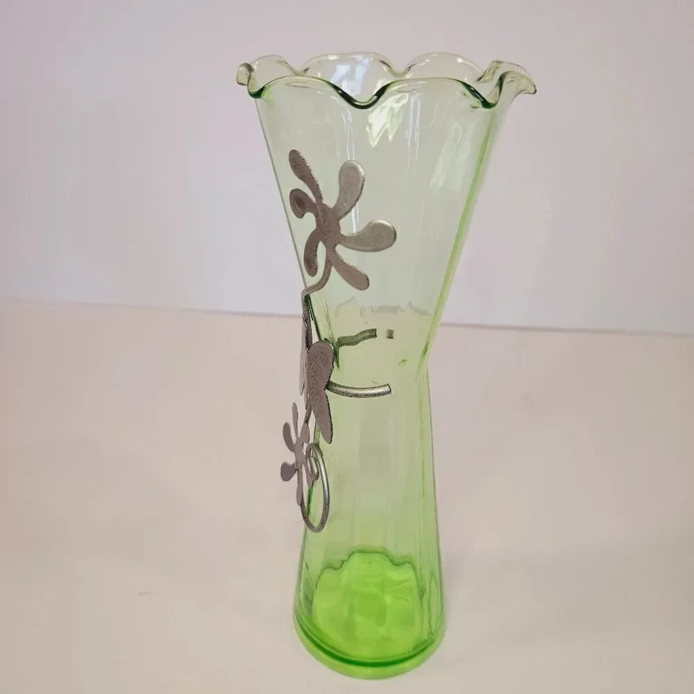 Vintage Green Stretch Glass Ruffled Rim Metal Floral Embellished Bud Vase